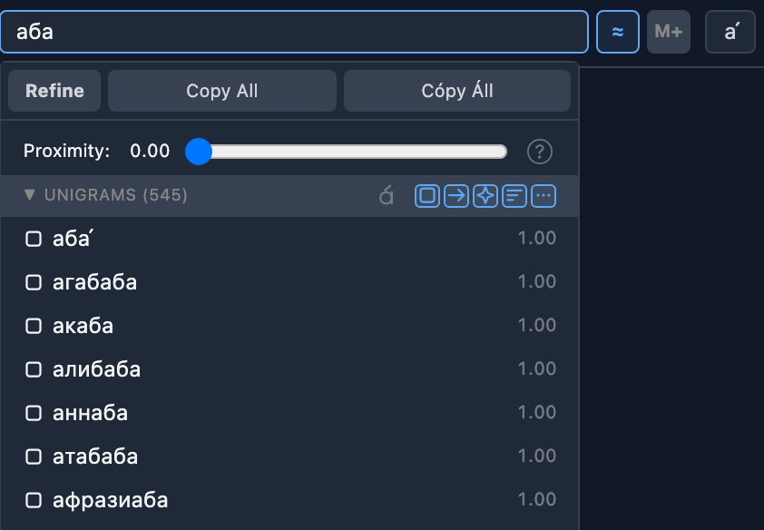 The rhyme search field with the unmarked query аба, the flip-stress button to its right, and the results panel below. The Unigrams header reads 545, and at the left of the five blue part-of-speech buttons the stress button is faint and has no chip around it. The rows below — акаба, алибаба, аннаба — carry no stress mark.