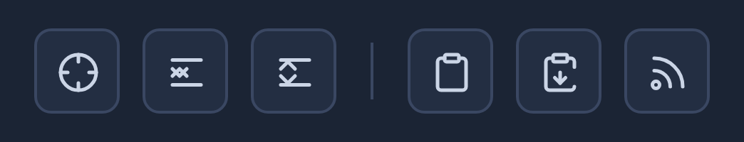 The six icon buttons of the syllable grid toolbar, drawn as the app draws them: a crosshair, two chevrons folding together, two chevrons opening apart, a clipboard, a clipboard with a down arrow, and three broadcast waves.
